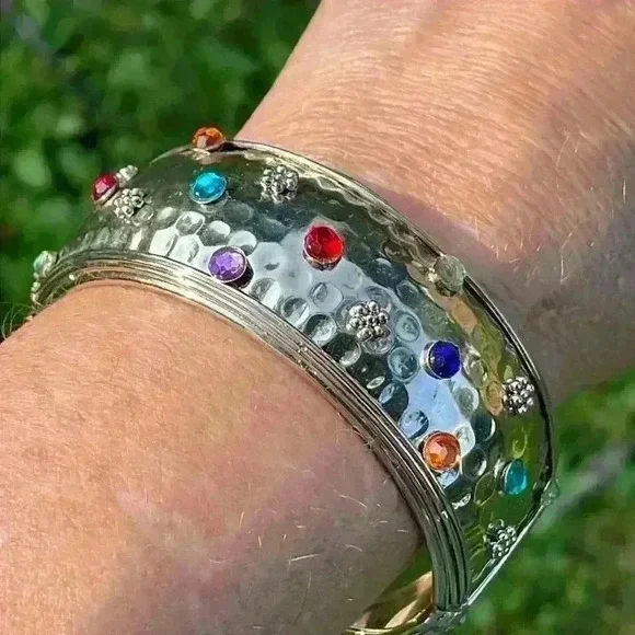 Multicolored Stone & Silver Cuff Bangle - Picture 1 of 5